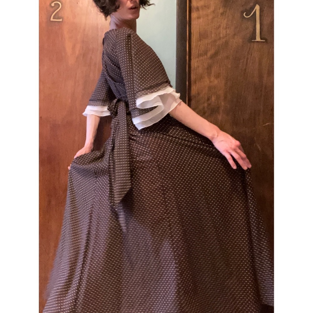 60s/70s Jack Bryan Full Length Brown & White Polka Dot Flutter Sleeve Dress
